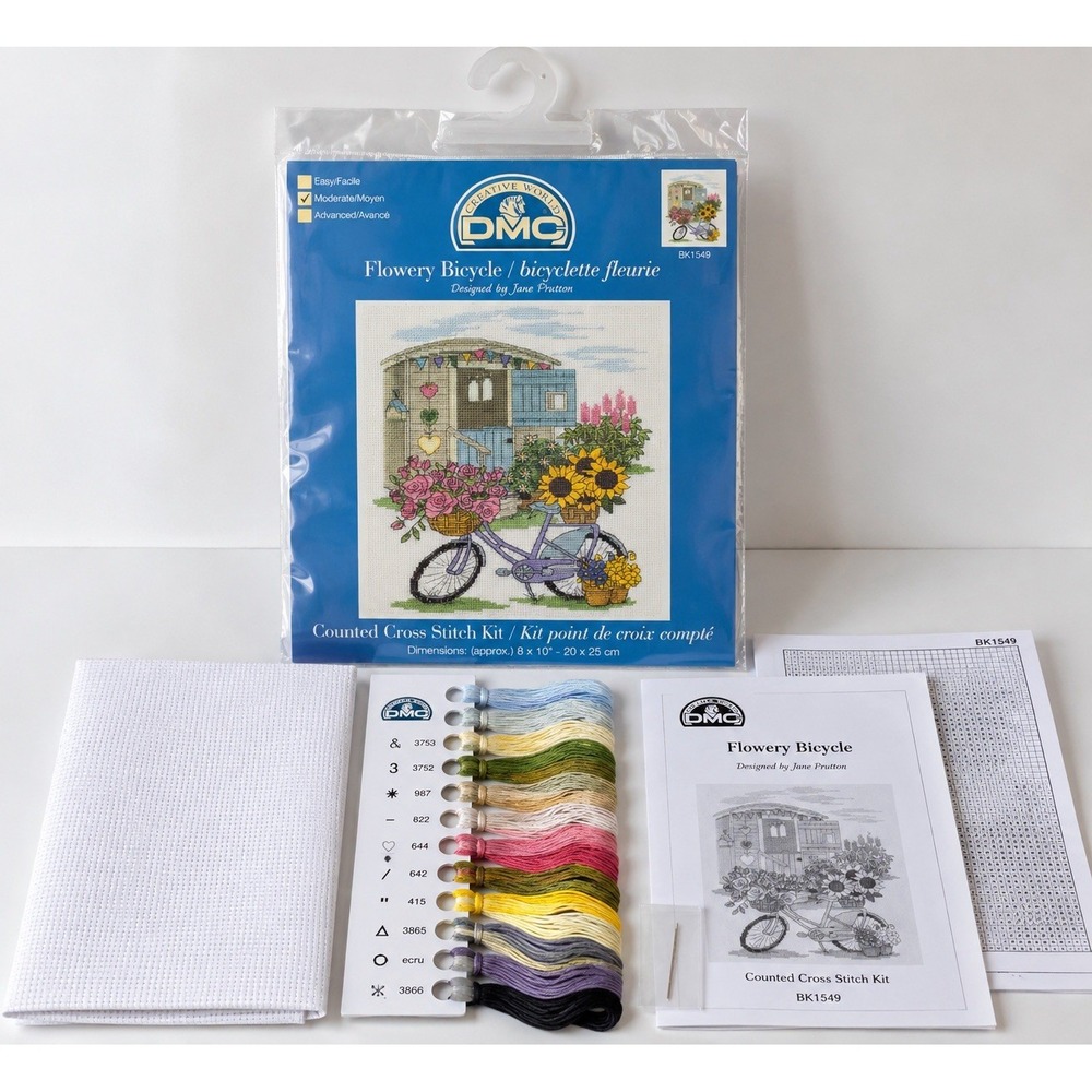 DMC BK1549 Flowery Bicycle Counted Cross Stitch Kit Jane Prutton 14 Ct 8x10
